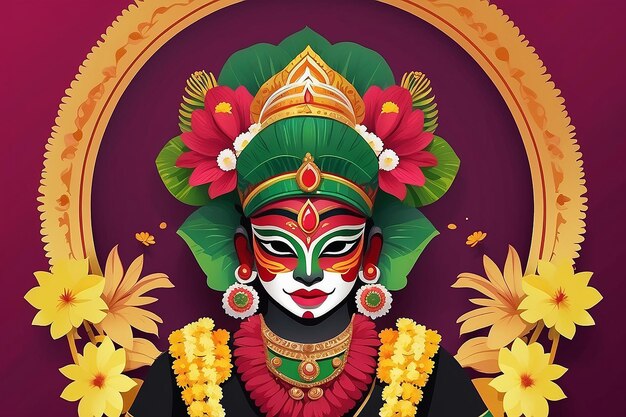 Foto ilustração de happy onam kathakali em fundo vermelho burgundy