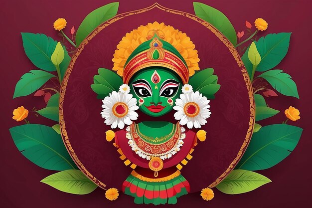 Foto ilustração de happy onam kathakali em fundo vermelho burgundy