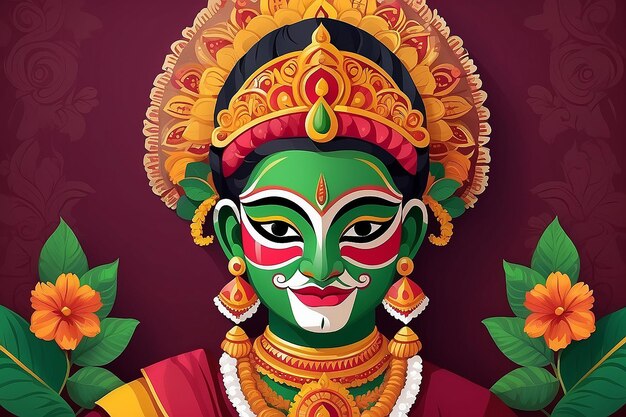 Foto ilustração de happy onam kathakali em fundo vermelho burgundy