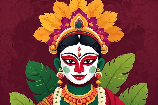 Foto ilustração de happy onam kathakali em fundo vermelho burgundy