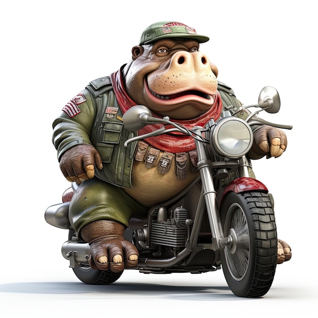ilustração de hipopótamo de desenho animado em equipamento de motocicleta rebelde