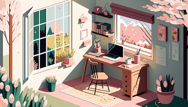 Ilustração de home office na temporada de primavera em estilo de corte de papel Generative AI