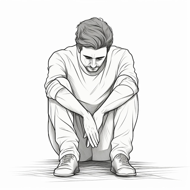 ilustração de homem deprimido perto tiro bw lineart fundo branco
