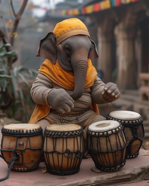 Foto ilustração de ia de um elefante tocando bateria na natureza