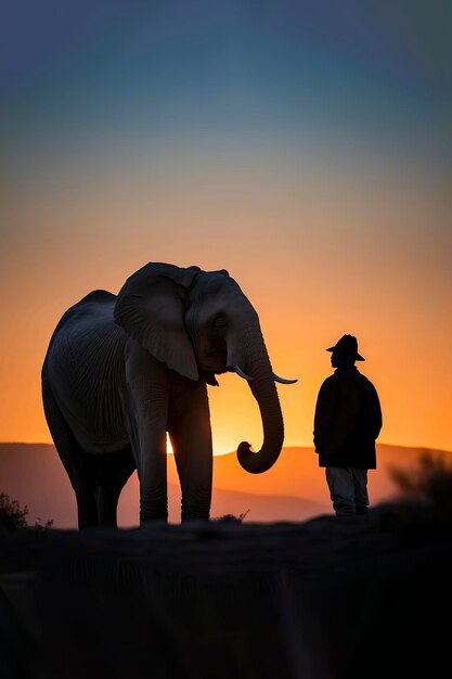 Foto ilustração de ia de um homem se conectando com um elefante