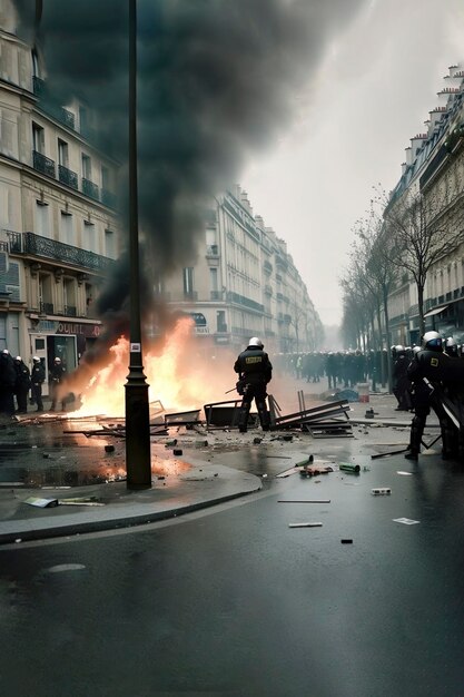 Foto ilustração de ia de uma polícia antidisturbios entre as ruas de paris combatendo manifestantes