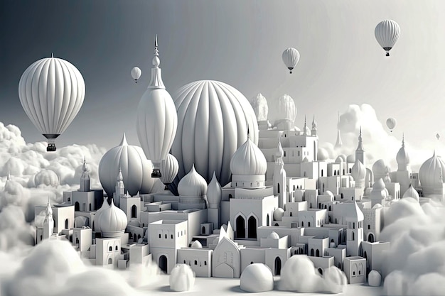 Ilustração de IA generativa da cidade muçulmana com muitas mesquitas flutuando no céu cercadas por nuvens brancas no paraíso muçulmano