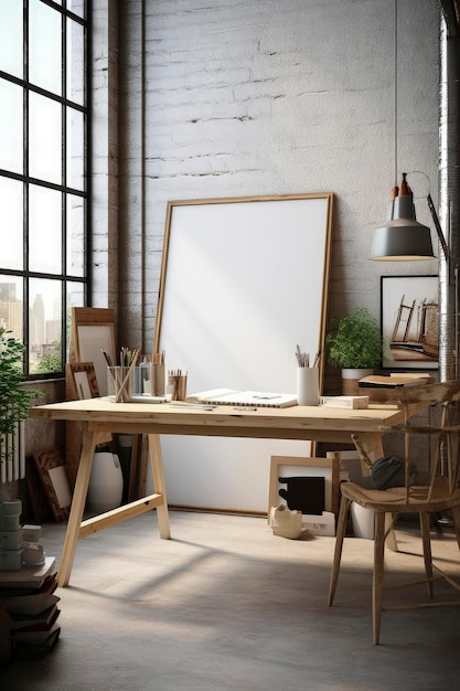 Ilustração de IA generativa da maquete do quadro branco apoiada em uma mesa em um estúdio de arte com luz natural