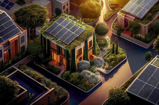 Ilustração de IA generativa da paisagem urbana espetacular ecofuturística cheia de parques de arranha-céus verdes e outros espaços verdes artificiais na área urbana