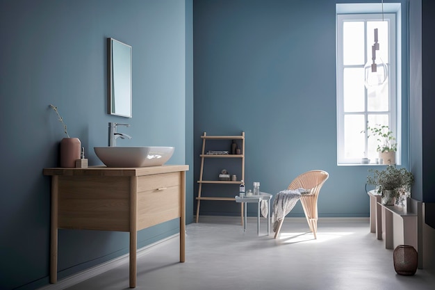 Ilustração de IA generativa de banheiro minimalista com paredes de cores em pó armário de banheiro de madeira compensada de bétula