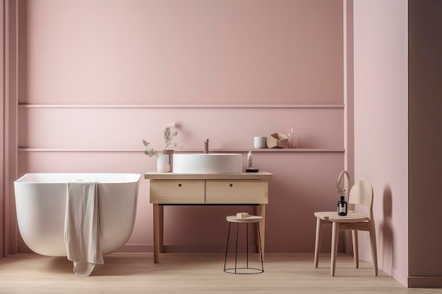 Ilustração de IA generativa de banheiro minimalista com paredes de cores em pó armário de banheiro de madeira compensada de bétula