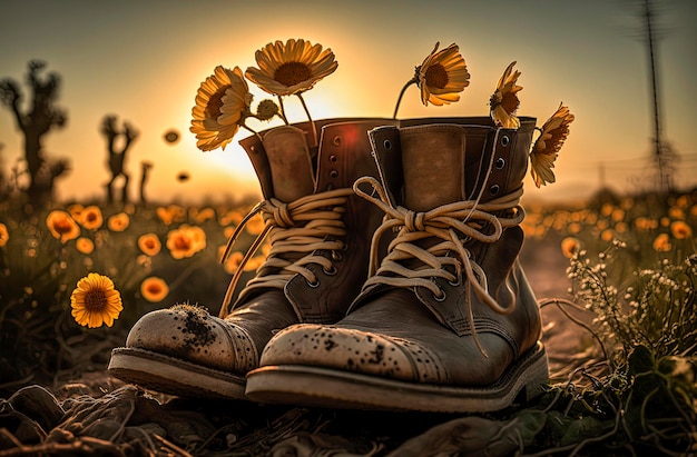 Ilustração de IA generativa de botas recicladas com flores