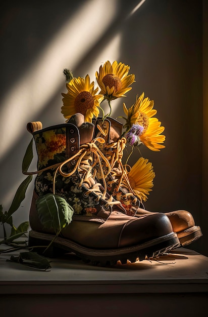 Ilustração de IA generativa de botas recicladas com flores