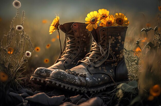 Foto ilustração de ia generativa de botas recicladas com flores