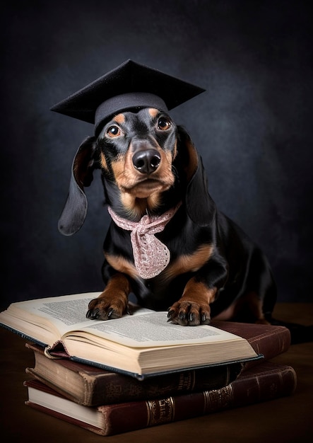 Ilustração de IA generativa de cachorro bassê bonito com óculos e um livro aprendendo na escola