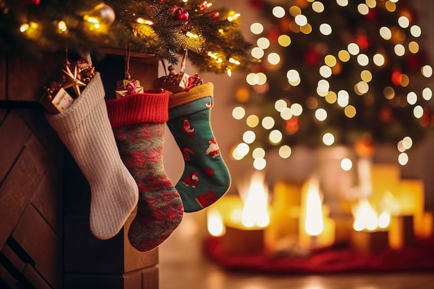 Ilustração de IA generativa de caixas de presente e meias embrulhadas em papel brilhante sob a árvore de natal com conceito de Natal de fundo desfocado
