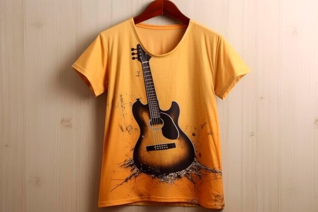 Ilustração de IA generativa de camiseta com fundo dourado vista de cima com imagem impressa na frente de uma guitarra