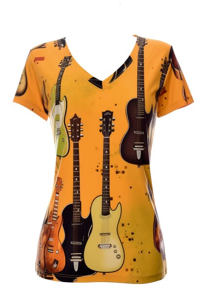 Ilustração de IA generativa de camiseta com fundo dourado vista de cima com imagem impressa na frente de uma guitarra