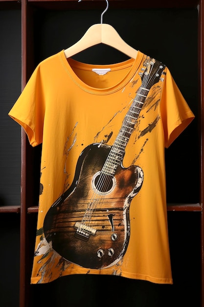 Ilustração de IA generativa de camiseta com fundo dourado vista de cima com imagem impressa na frente de uma guitarra