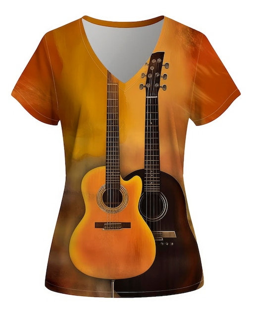 Ilustração de IA generativa de camiseta com fundo dourado vista de cima com imagem impressa na frente de uma guitarra