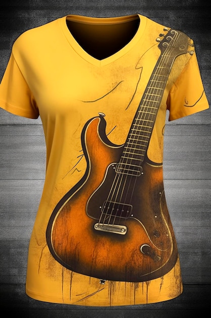 Ilustração de ia generativa de camiseta com fundo dourado vista de cima com imagem impressa na frente de uma guitarra