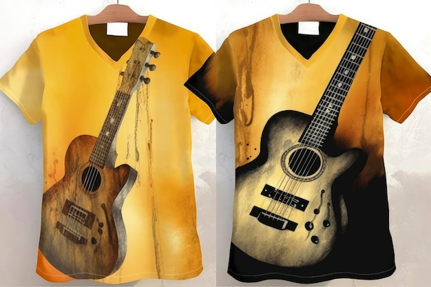 Ilustração de IA generativa de camiseta com fundo dourado vista de cima com imagem impressa na frente de uma guitarra