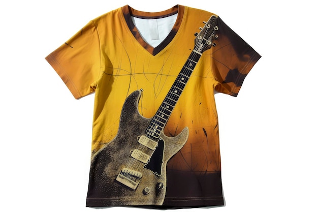 Ilustração de IA generativa de camiseta com fundo dourado vista de cima com imagem impressa na frente de uma guitarra