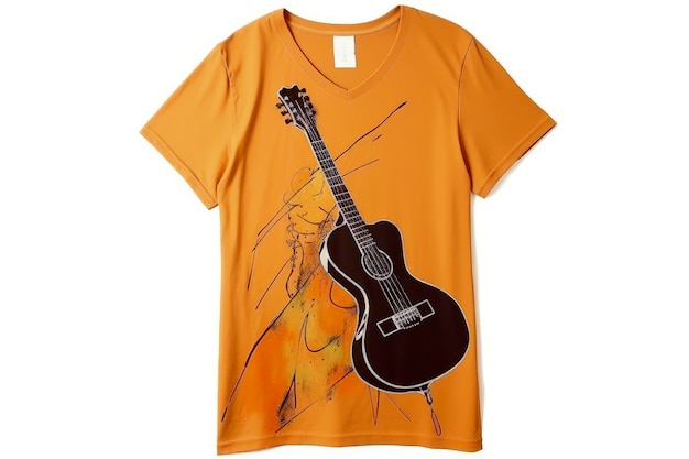 Ilustração de IA generativa de camiseta com fundo dourado vista de cima com imagem impressa na frente de uma guitarra
