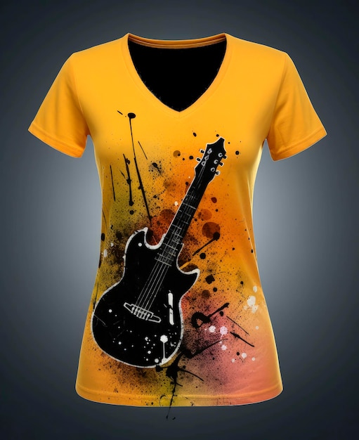 Ilustração de IA generativa de camiseta com fundo dourado vista de cima com imagem impressa na frente de uma guitarra