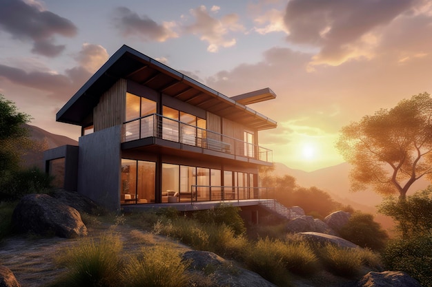 Ilustração de IA generativa de casa de madeira recuperada em uma montanha ou colina com luz do pôr do sol