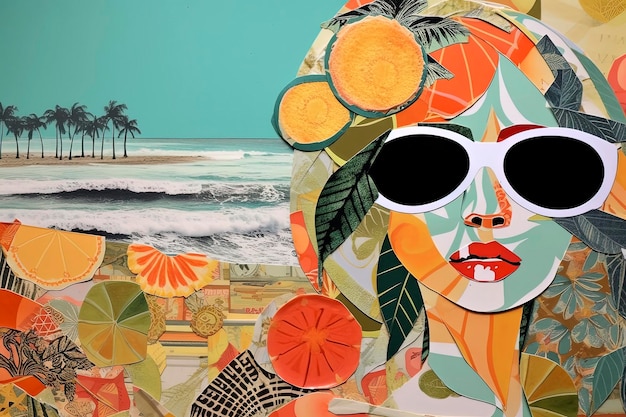 Ilustração de ia generativa de colagem de moda legal de verão na praia feita à mão em papel de scrapbook com cores vibrantes