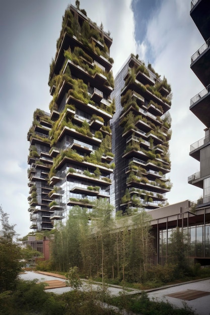 Ilustração de IA generativa de construção sustentável com jardim vertical feito com material reciclado