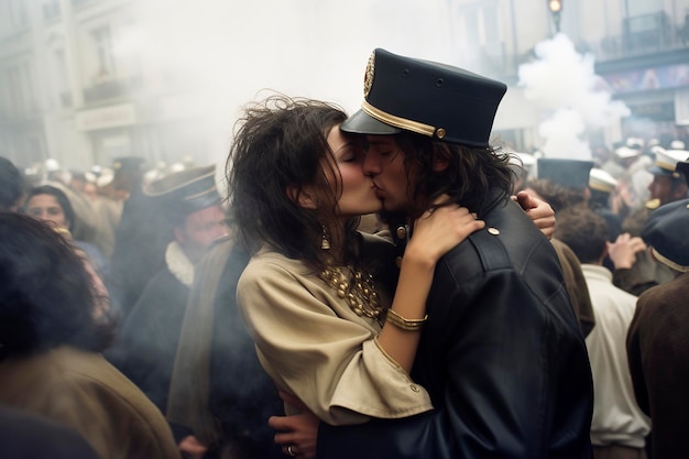 Ilustração de IA generativa de dois amantes se beijando durante um tumulto na rua