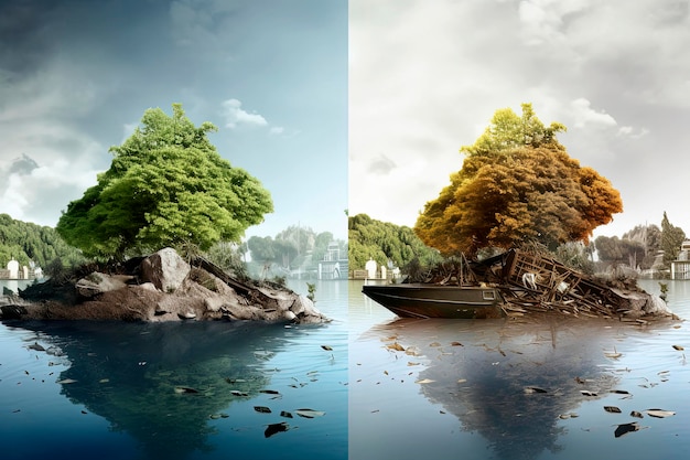 Ilustração de IA generativa de duas imagens diferentes de uma ilha com duas árvores, uma com lixo e destruição e outra verde com natureza sustentável por trás