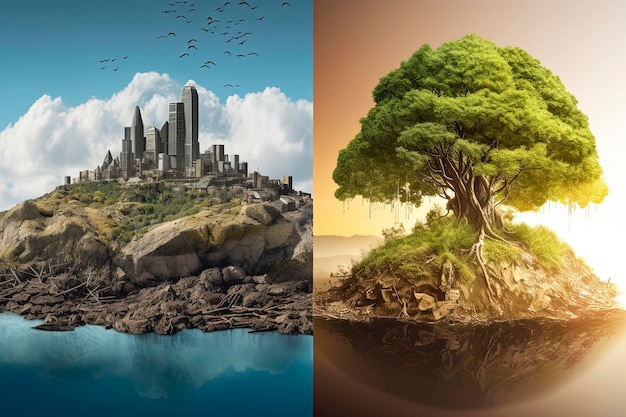 Ilustração de IA generativa de duas imagens diferentes de uma ilha com duas árvores, uma com lixo e destruição e outra verde com natureza sustentável por trás