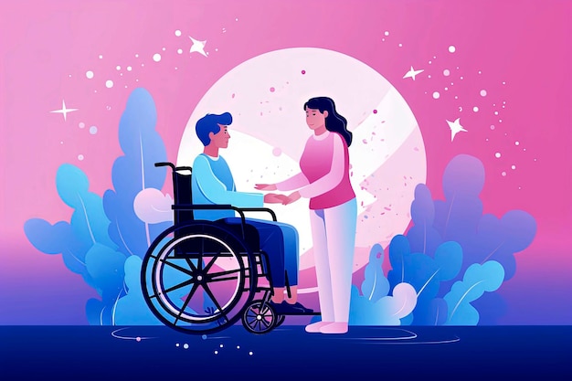 Ilustração de IA generativa de enfermeira cuidando de idosa em cadeira de rodas em estilo de ilustração vetorial com conceito de saúde de cores pastel Arte digital