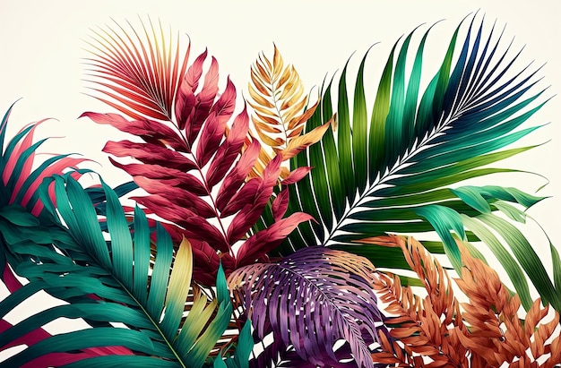 Ilustração de IA generativa de folhas de palmeira tropicais coloridas de fundo