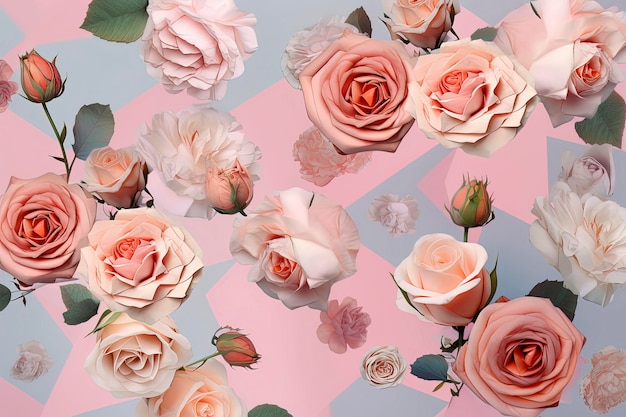 Ilustração de IA generativa de fundo de cores pastel de flores cor de rosa com pétalas suaves vistas de cima com espaço de cópia