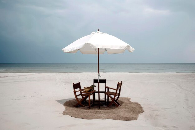 Ilustração de IA generativa de guarda-chuva solitário na praia com mesa na areia e duas cadeiras