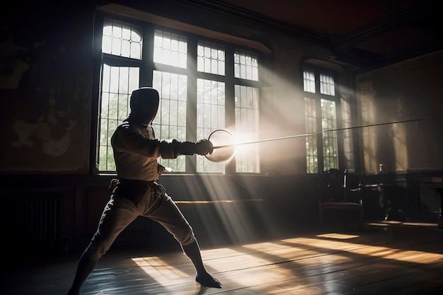 Foto ilustração de ia generativa de homem treinando esgrima em um quarto escuro com raios de luz entrando por uma janela