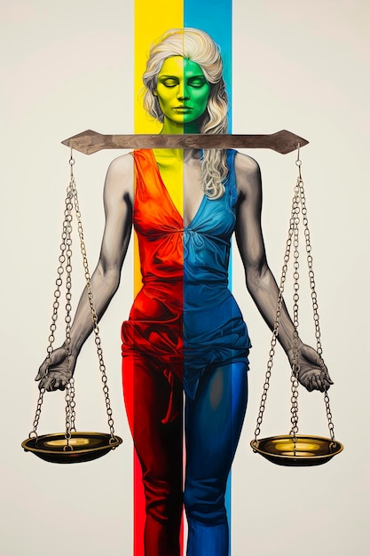Foto ilustração de ia generativa de ilustração minimalista surreal de um casal alegórico de lésbicas manteve o equilíbrio da justiça pop art lgbt cores de fundo arte digital