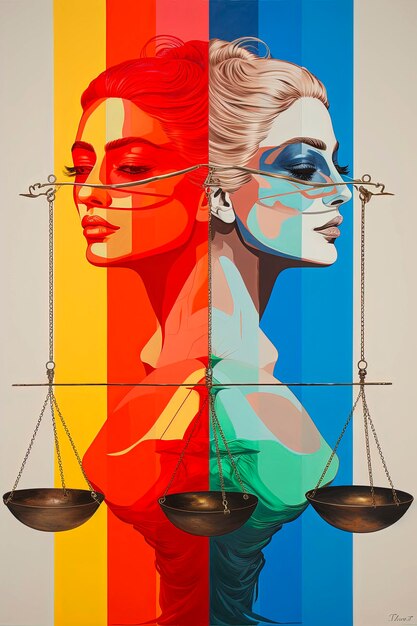 Foto ilustração de ia generativa de ilustração minimalista surreal de um casal alegórico de lésbicas manteve o equilíbrio da justiça pop art lgbt cores de fundo arte digital