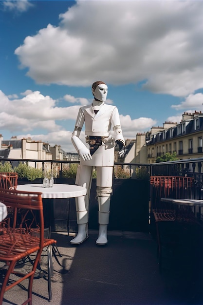 Ilustração de IA generativa de inteligência artificial vestida de garçom trabalhando no terraço de um bar em Paris