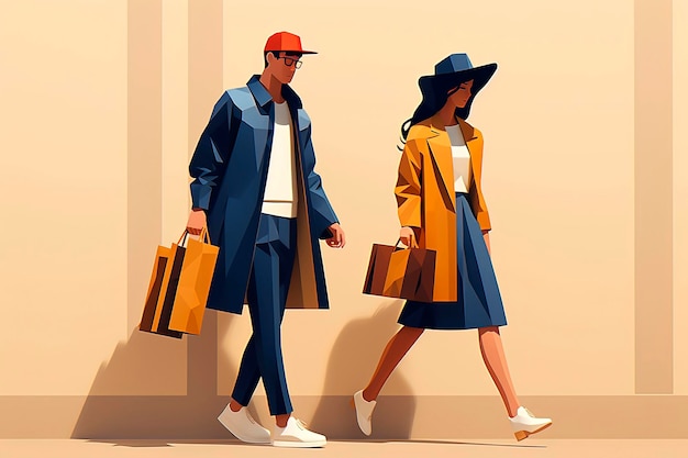 Ilustração de IA generativa de lindo casal de compras com sacolas nas mãos em estilo vetorial mínimo Arte digital