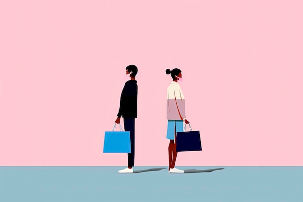 Ilustração de IA generativa de lindo casal de compras com sacolas nas mãos em estilo vetorial mínimo Arte digital