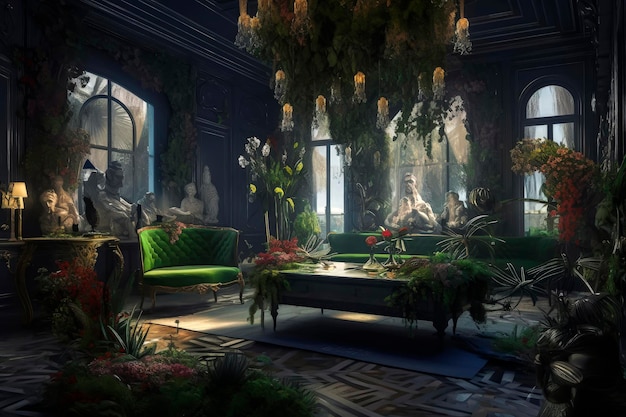 Ilustração de IA generativa de luxuosa sala de jantar em estilo rococó cheia de plantas verdes e obras de arte com móveis antigos