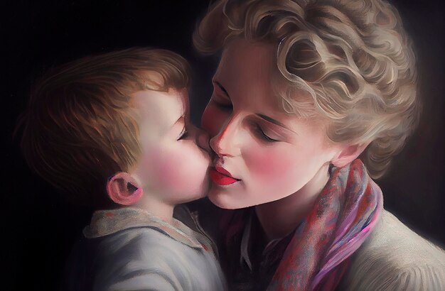 Ilustração de IA generativa de mãe atraente beijando seu filho pequeno