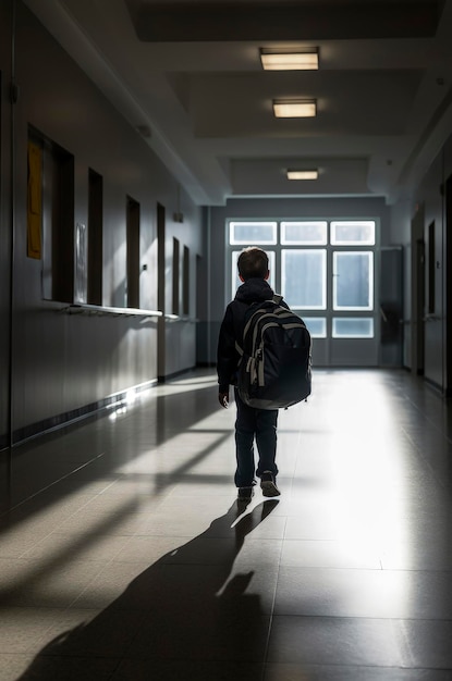 Ilustração de IA generativa de menino sozinho e nas costas carregando uma mochila entrando na sala de aula da escola