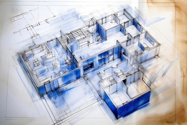 Ilustração de IA generativa de plantas de casas de construção desenhadas com aquarelas coloridas visualizadas