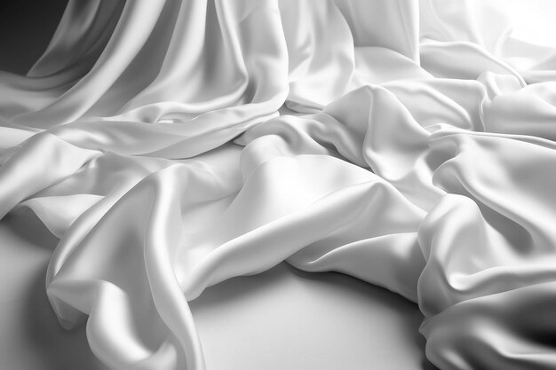 Ilustração de IA generativa de tecido de cetim branco puro flutuando no ar de cima da vista com movimento no fundo branco